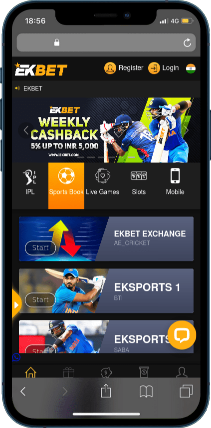 Ekbet app home screen on a mobile phone showing cricket betting markets