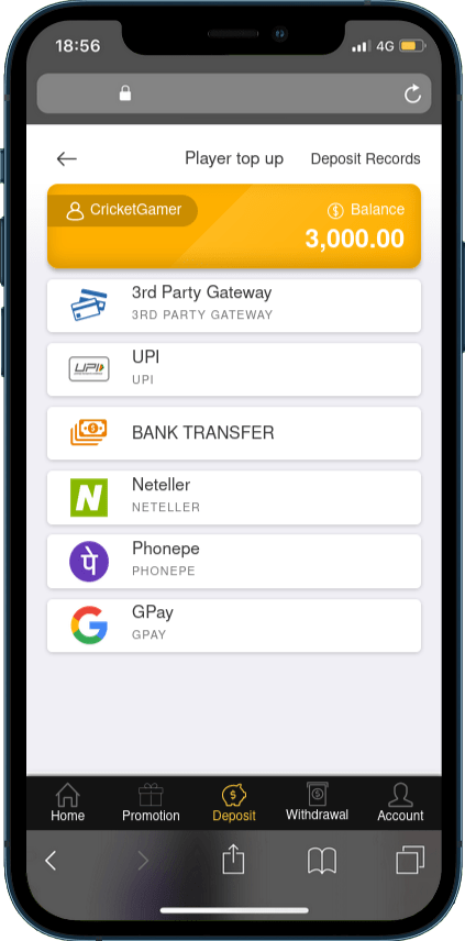 Ekbet Player top up screen listing 3rd Party Gateway, UPI, Bank Transfer, Neteller, PhonePe and GPay